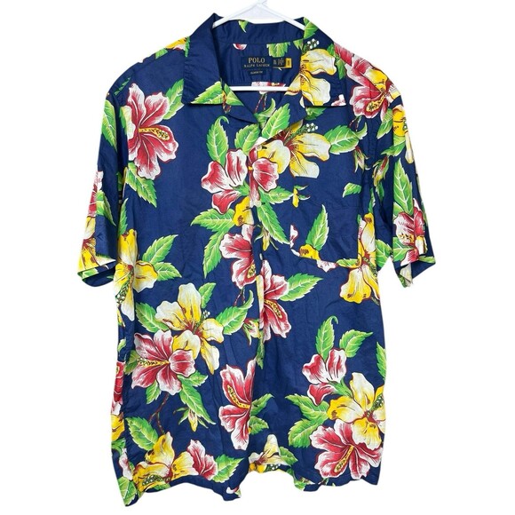 Polo Ralph Lauren Shirt Mens XL Blue Floral Hibiscus Button Hawaiian Loop Collar - Picture 1 of 10
